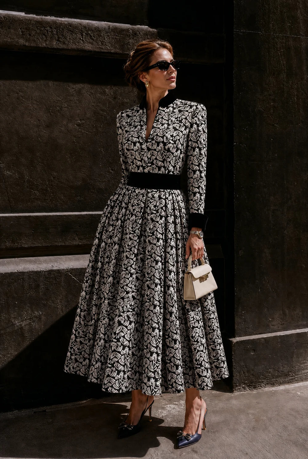 Sorrento Jacquard Midi Dress in Black and Ivory