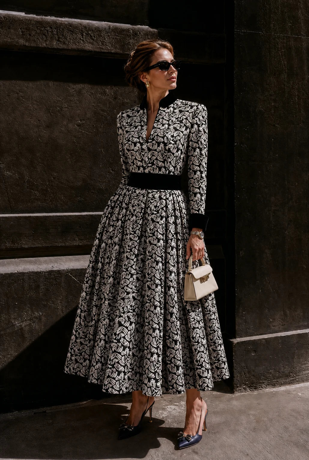 Sorrento Jacquard Midi Dress in Black and Ivory