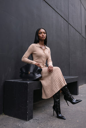 Celestine beige belted knit midi dress, side view