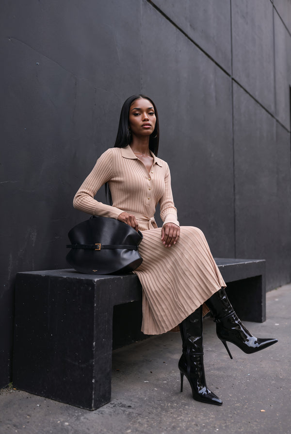 Celestine beige belted knit midi dress, side view