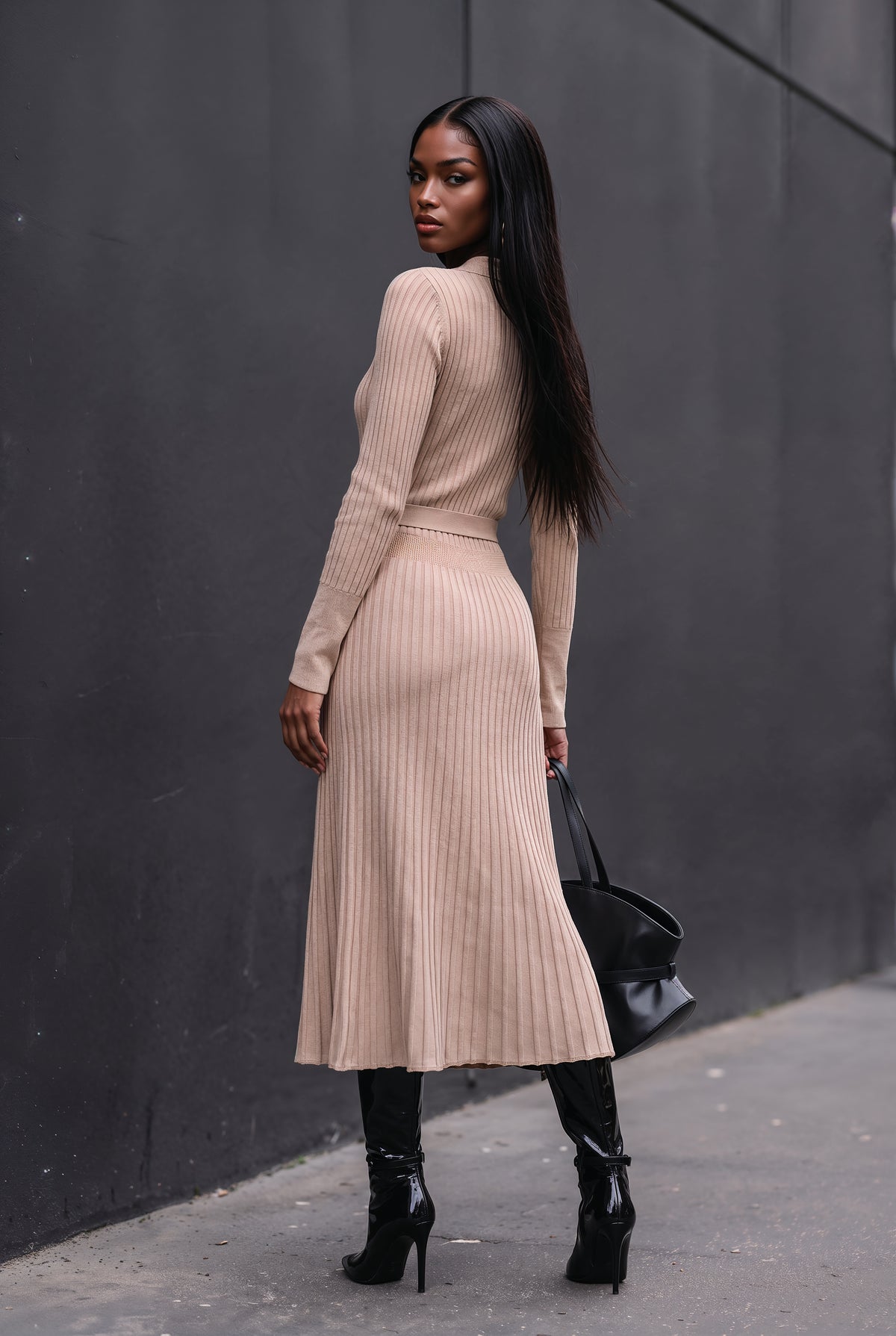 Celestine beige ribbed knit midi dress, front view