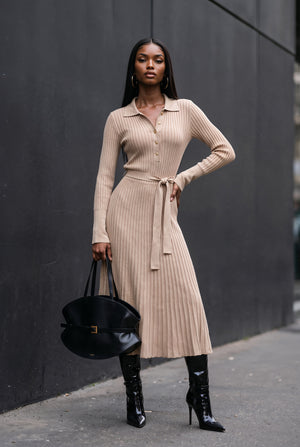 Celestine beige ribbed knit midi dress, front view