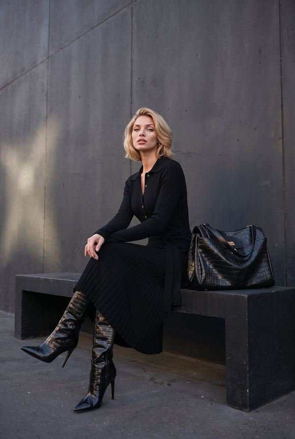 Celestine black belted knit midi dress, side view