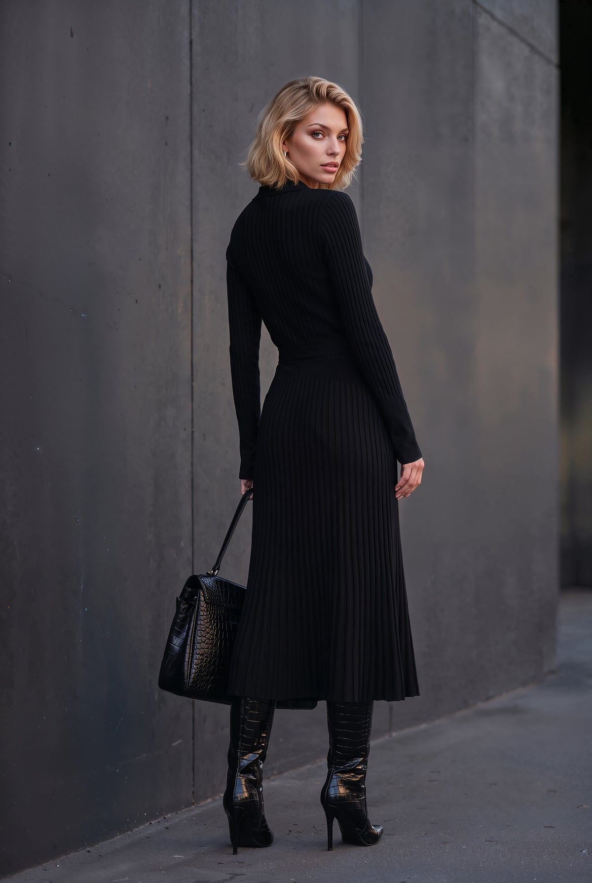 Celestine black ribbed knit midi dress, front view