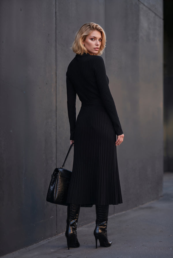 Celestine black long-sleeve polo dress, back view