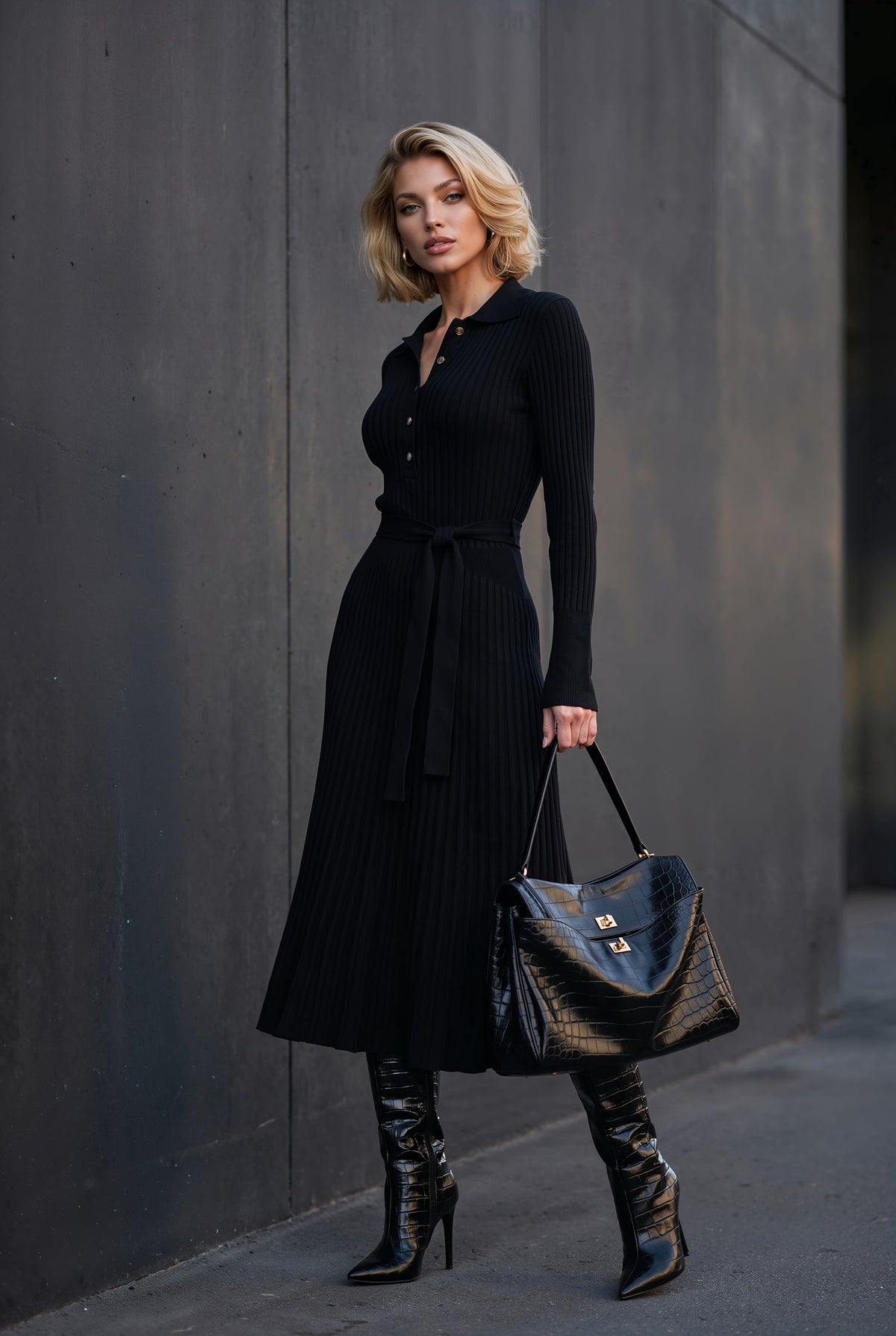 Celestine black ribbed knit midi dress, front view