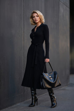 Celestine black ribbed knit midi dress, front view