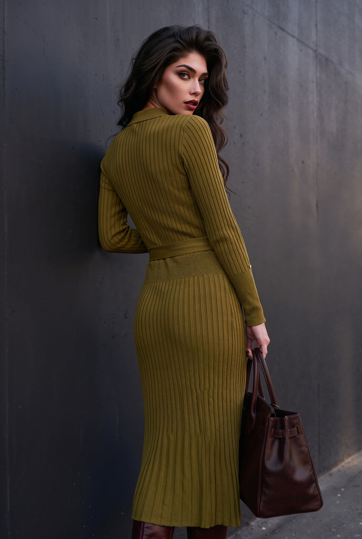 Celestine olive ribbed knit midi dress, front view