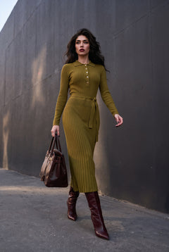  Celestine olive ribbed knit midi dress, front view
