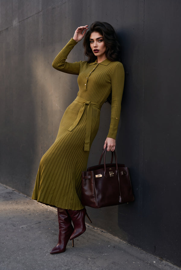 Celestine olive ribbed knit midi dress, front view