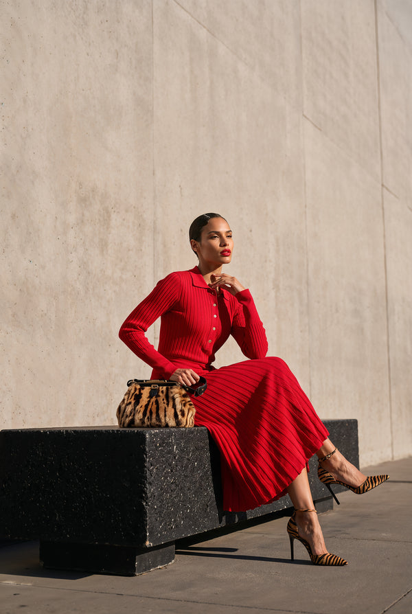 Celestine red belted knit midi dress, side view