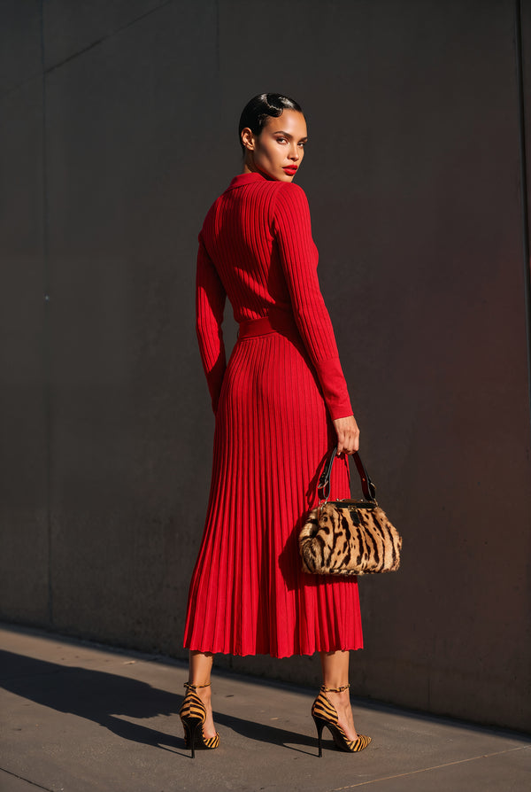 Celestine red long-sleeve polo dress, back view