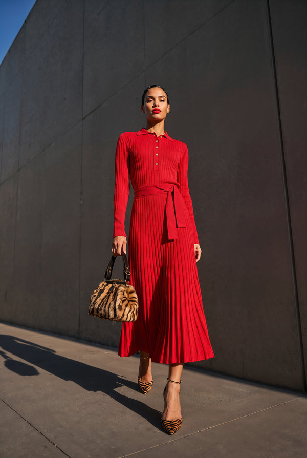 Celestine red ribbed knit midi dress, front view