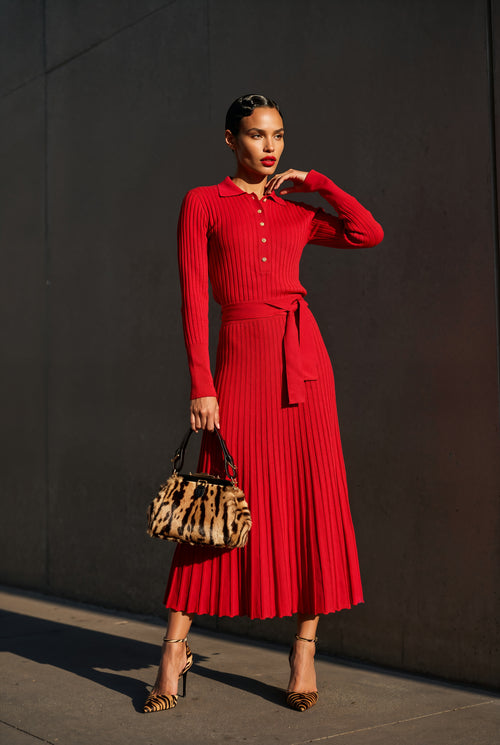 Celestine red ribbed knit midi dress, front view