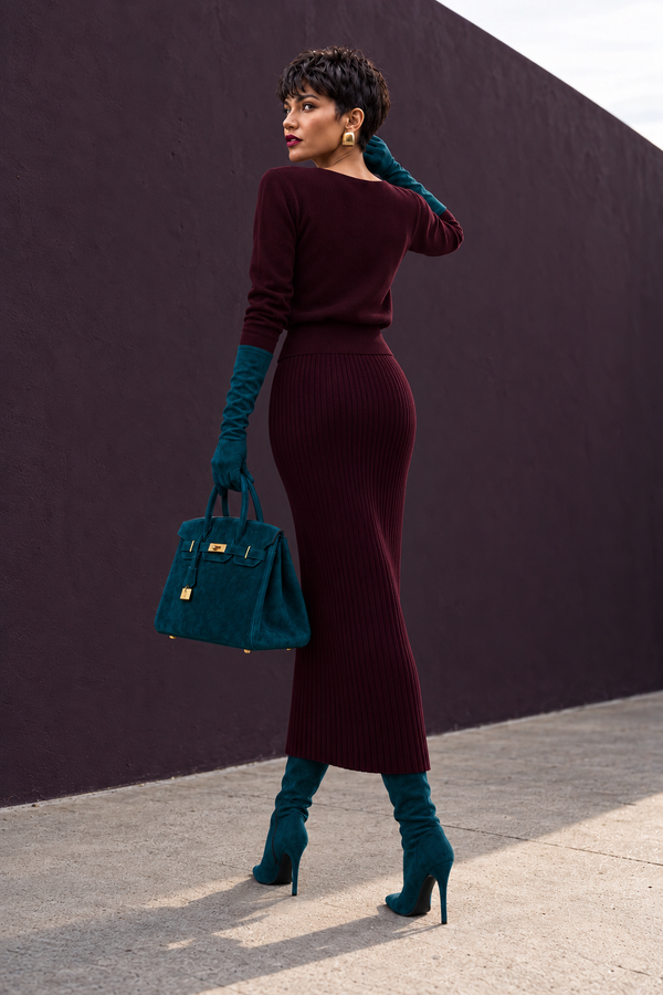 Daisy burgundy long-sleeve blouse and ribbed skirt, back view