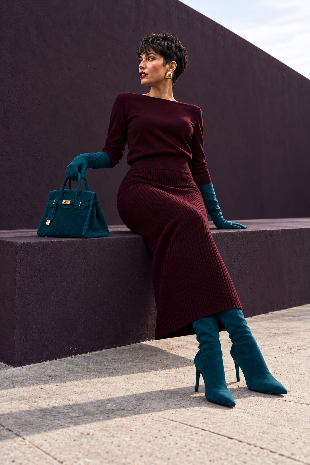 Deep wine burgundy knitted blouse and vertical ribbed skirt detail