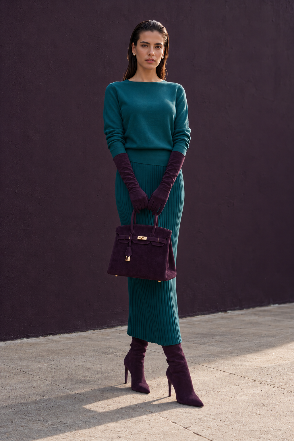 Daisy deep teal knitted blouse and ribbed skirt set, front view