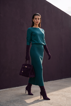 Daisy deep teal knitted blouse and ribbed skirt set, front view