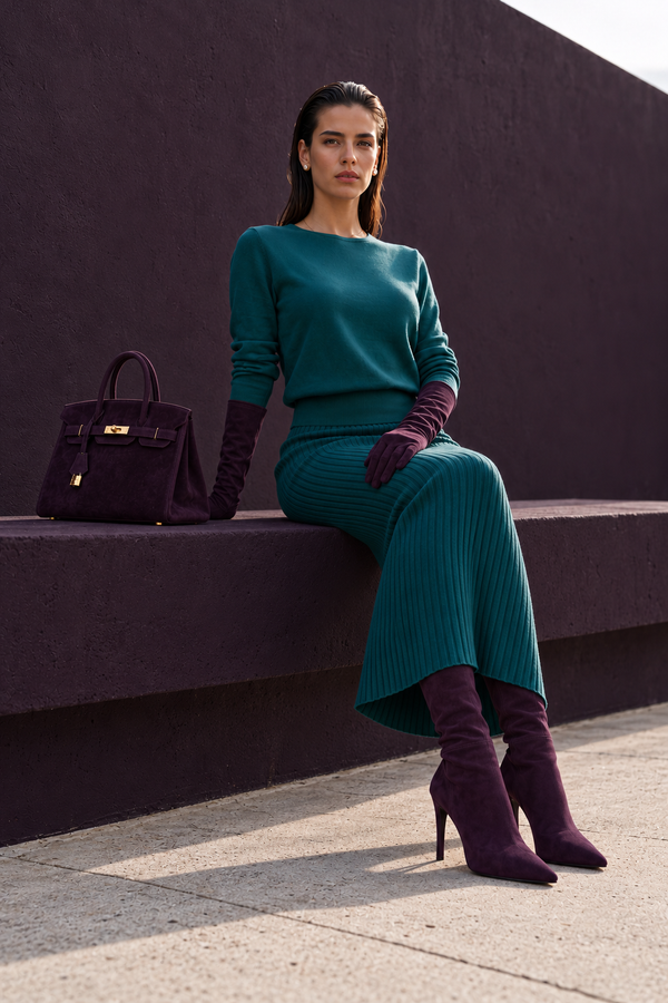 Daisy teal two-piece knitted skirt set, side view