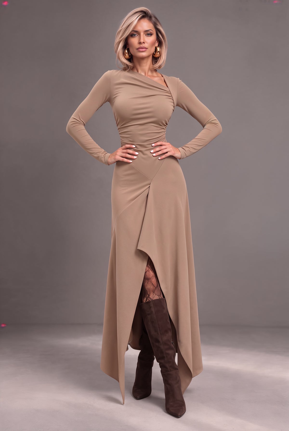 Dubai burgundy jersey maxi dress with ruched bodice and handkerchief hem