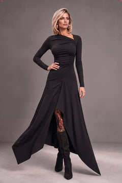 Dubai black jersey maxi dress with asymmetric neckline and flowing skirt