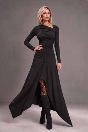 Dubai black jersey maxi dress with asymmetric neckline and flowing skirt
