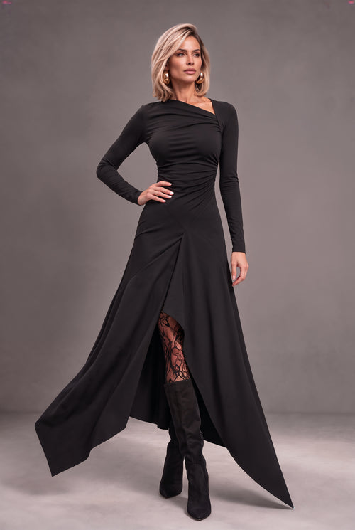Dubai black jersey maxi dress with asymmetric neckline and flowing skirt