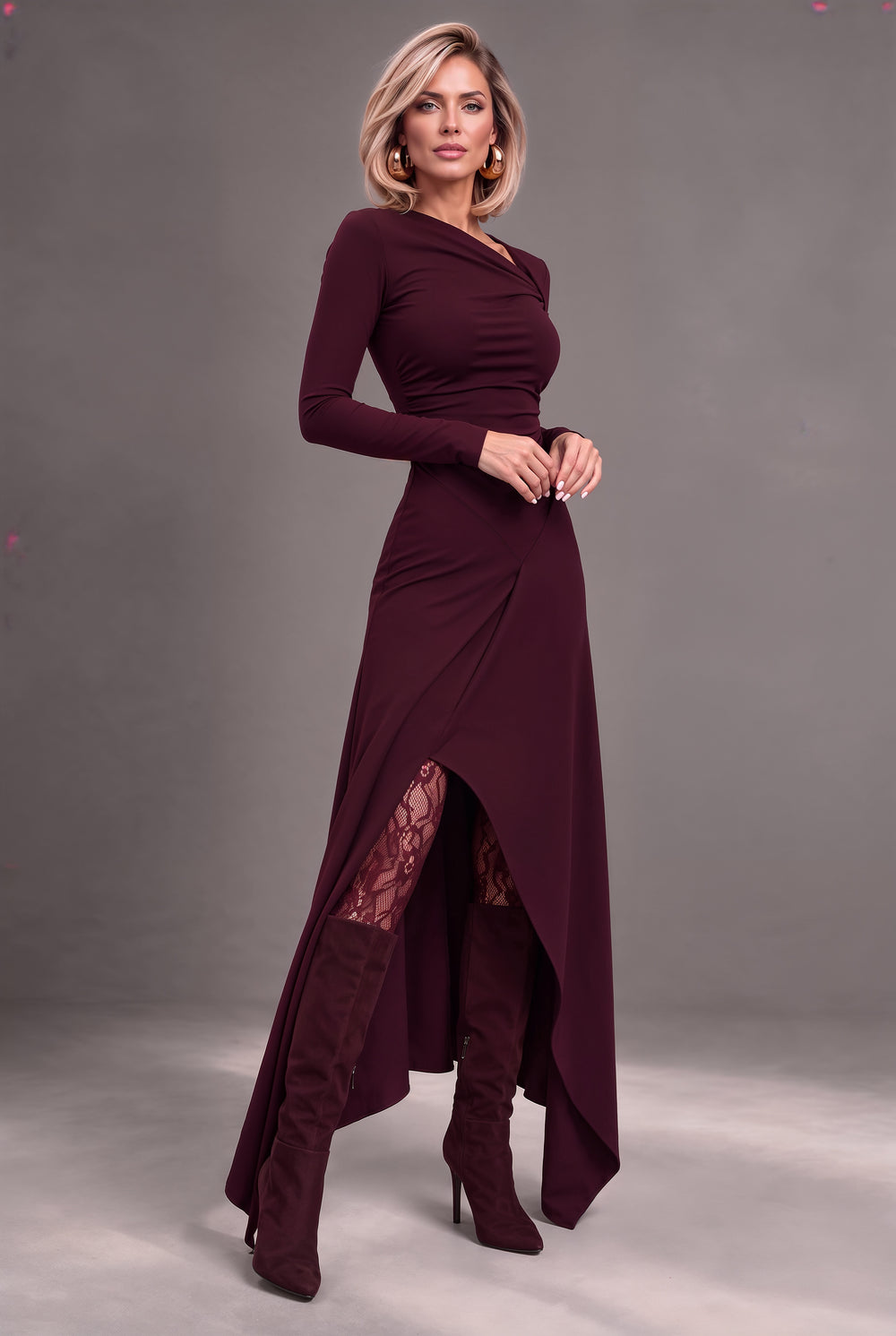 Dubai burgundy jersey maxi dress with ruched bodice and handkerchief hem