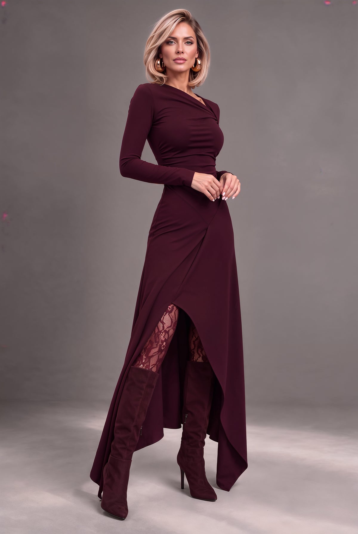 Dubai burgundy jersey maxi dress with ruched bodice and handkerchief hem