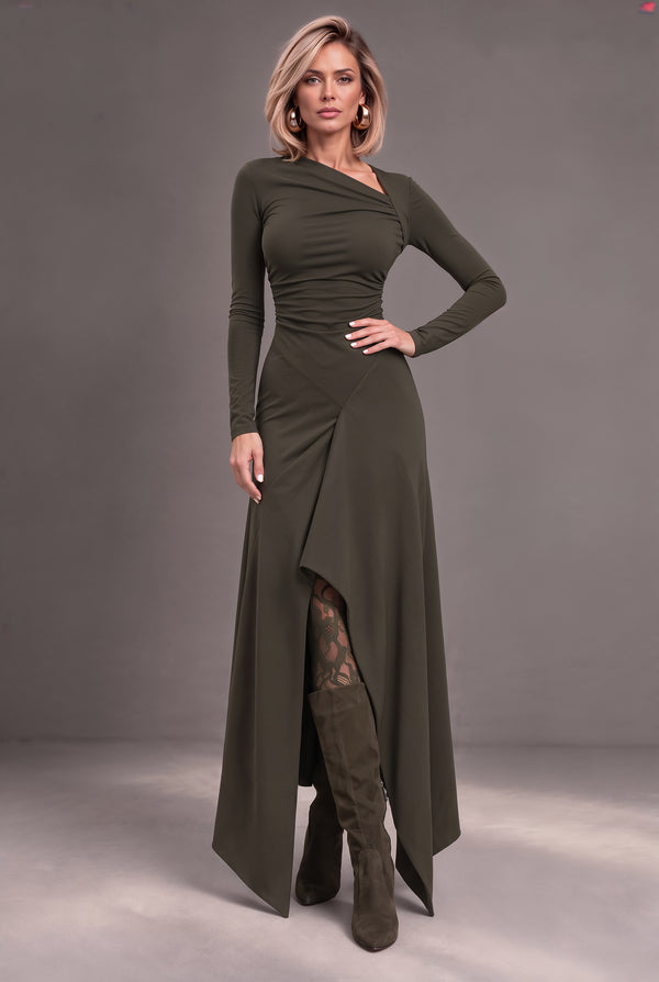 Dubai olive jersey maxi dress with draped neckline and wrap-effect skirt