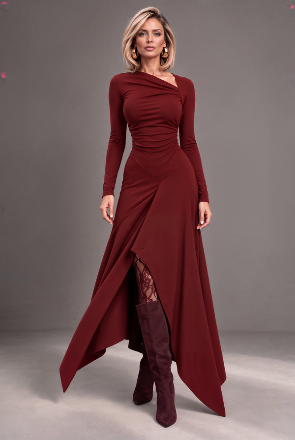 Dubai rust jersey maxi dress with ruched waist and fluid wrap-effect skirt