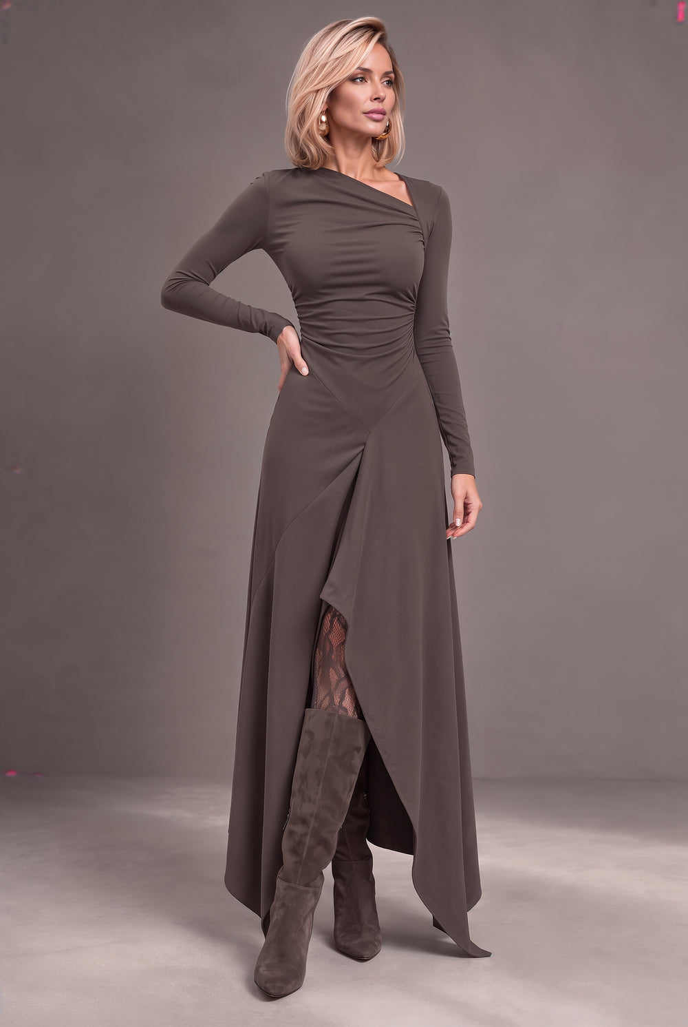 Dubai burgundy jersey maxi dress with ruched bodice and handkerchief hem