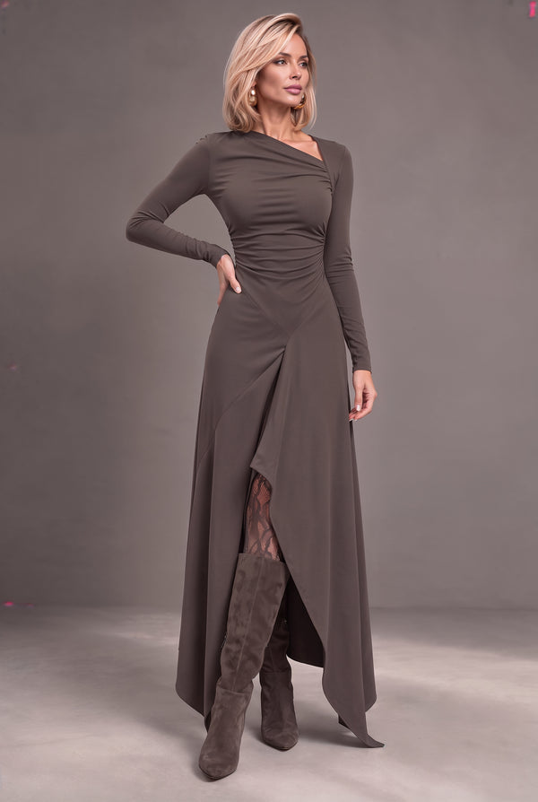 Dubai taupe jersey maxi dress with gathered bodice and flowing pointed skirt