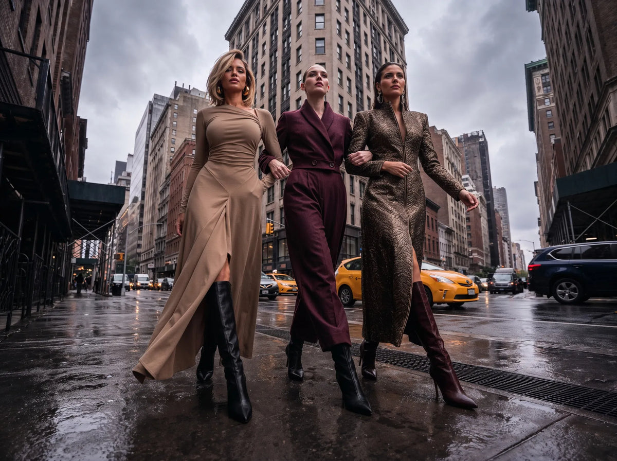 Three women walk arm in arm down a wet city street lined with tall buildings and yellow cabs. They are wearing stylish, full-length outfits: a beige sleeveless dress with black boots, a deep burgundy jumpsuit with black boots, and a metallic bronze textured coat with dark pants and boots.