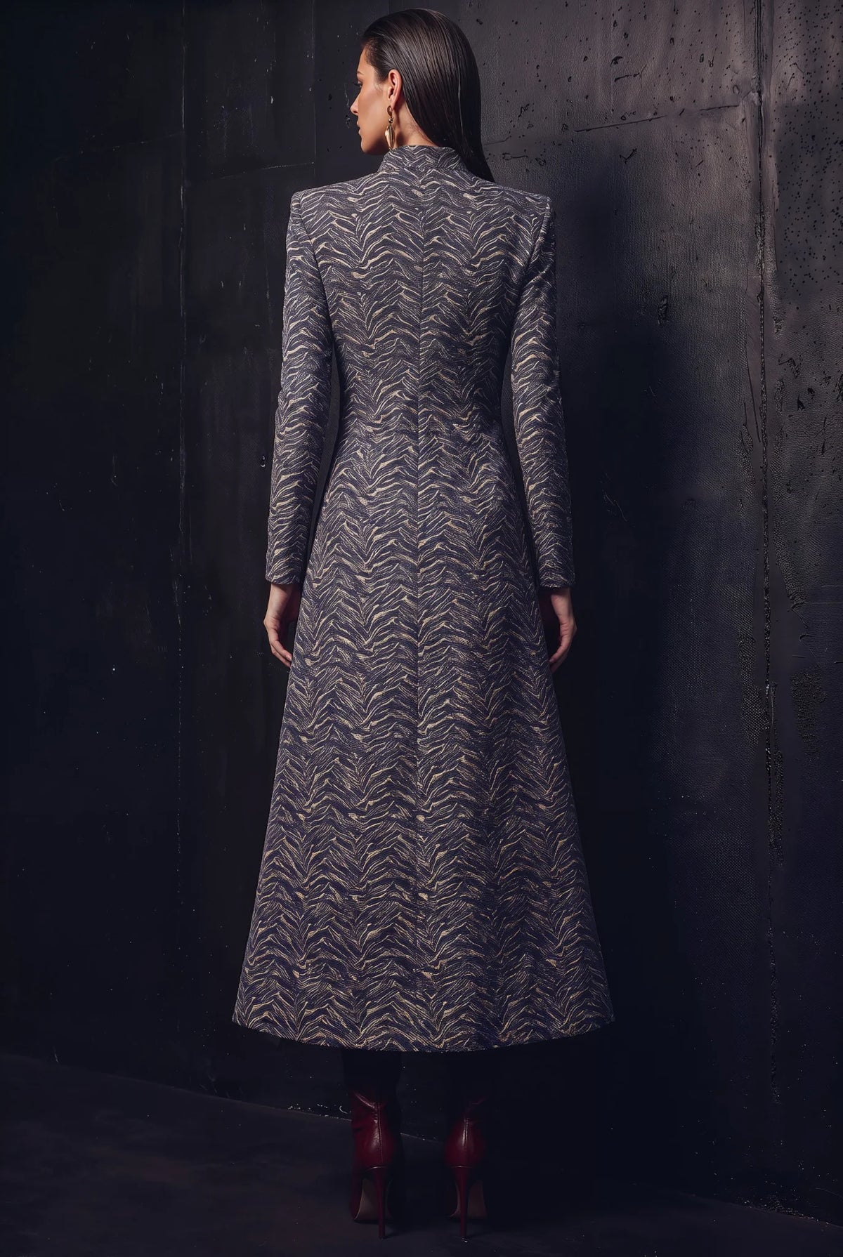 Geneva navy blue stretch cotton maxi dress with zip front and sculpted shoulders