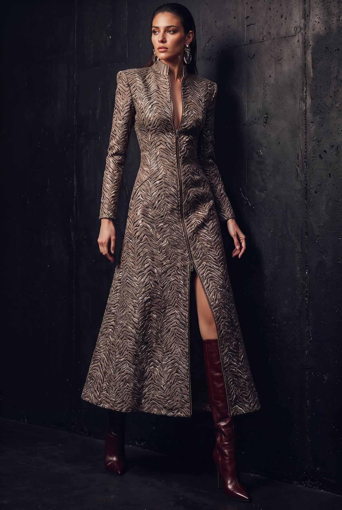 A model stands against a dark textured wall wearing a long-sleeved, high-neck, knee-length coat with a zebra-like abstract pattern in brown and beige, paired with dark red knee-high boots.