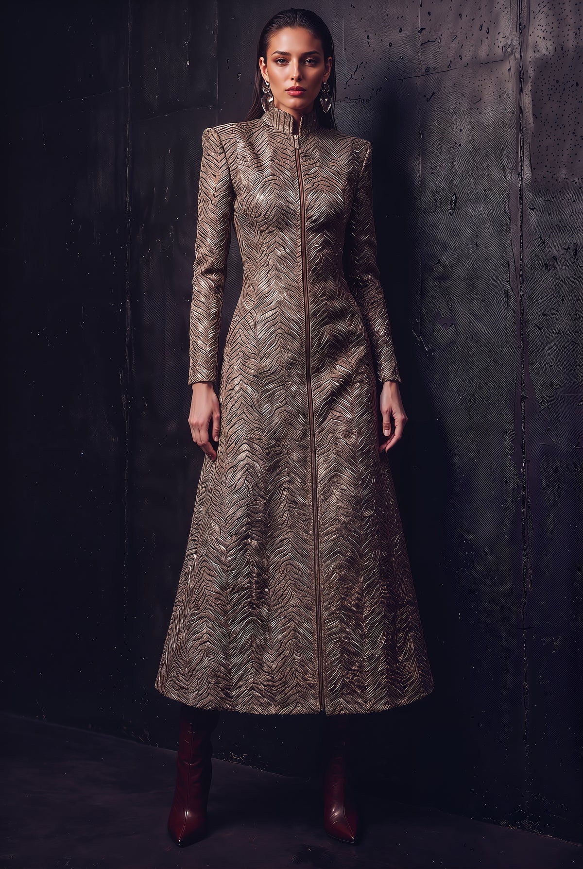 A model stands against a dark textured wall wearing a long-sleeved, high-neck midi dress with a metallic gold and brown abstract pattern, paired with dark red ankle boots.