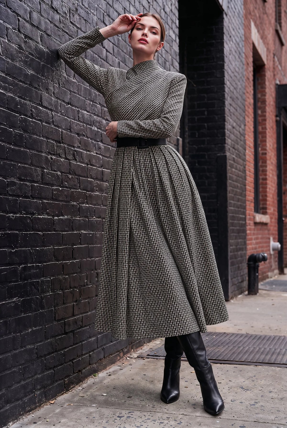 Paris Black and Ivory Textured Midi Dress
