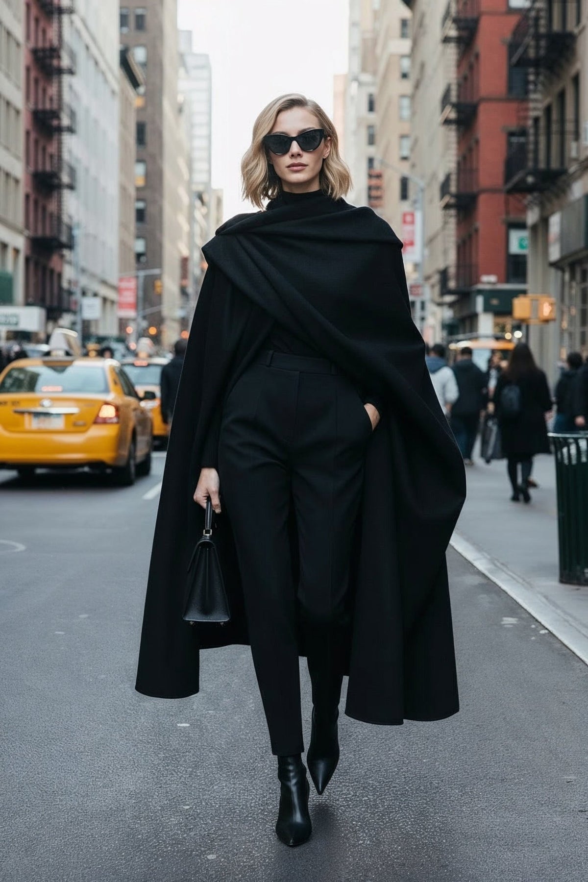 Hera Nemesis black wool-blend cape coat with monochrome portrait print, front view