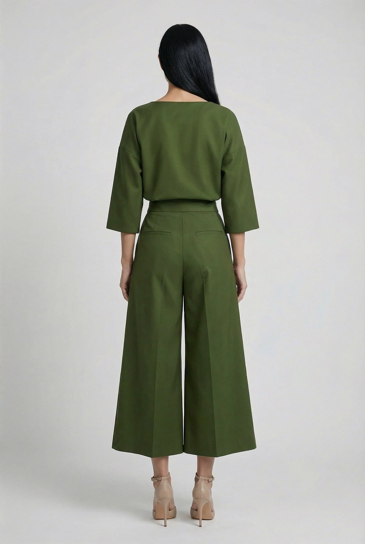 Jasmine dill-green top and wide-leg culotte trousers, back view