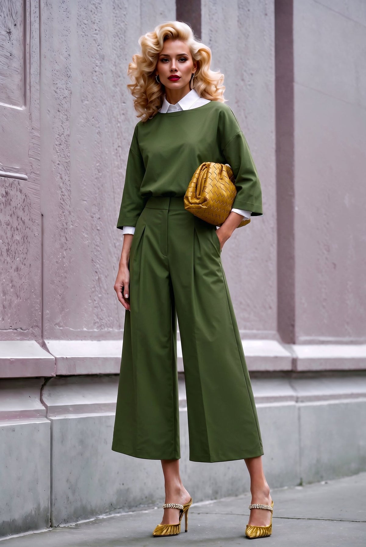 Jasmine dill-green jersey culotte set, front view