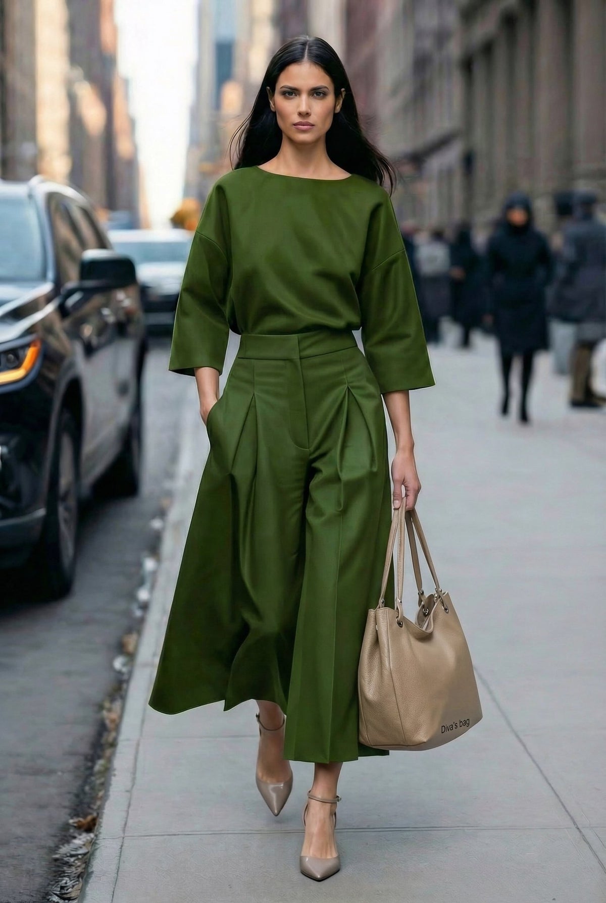 Jasmine dill-green two-piece set with wide culotte trousers, walking view