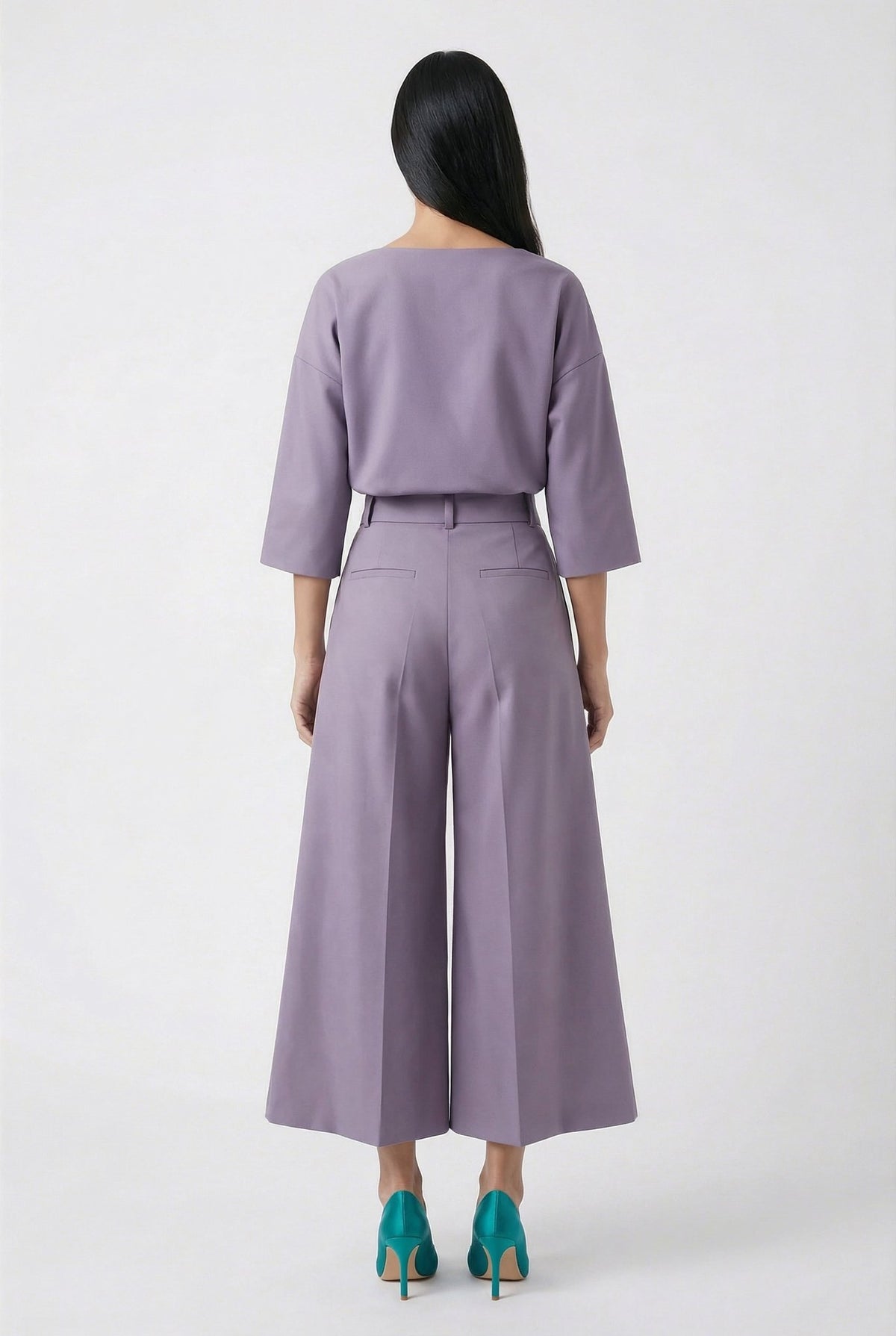 Jasmine lilac top and wide-leg culotte trousers, back view
