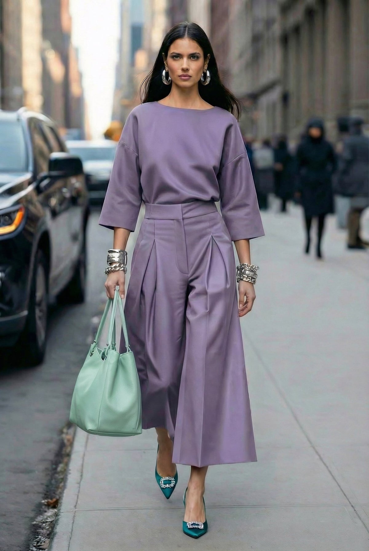 Jasmine lilac two-piece set with wide culotte trousers, walking view