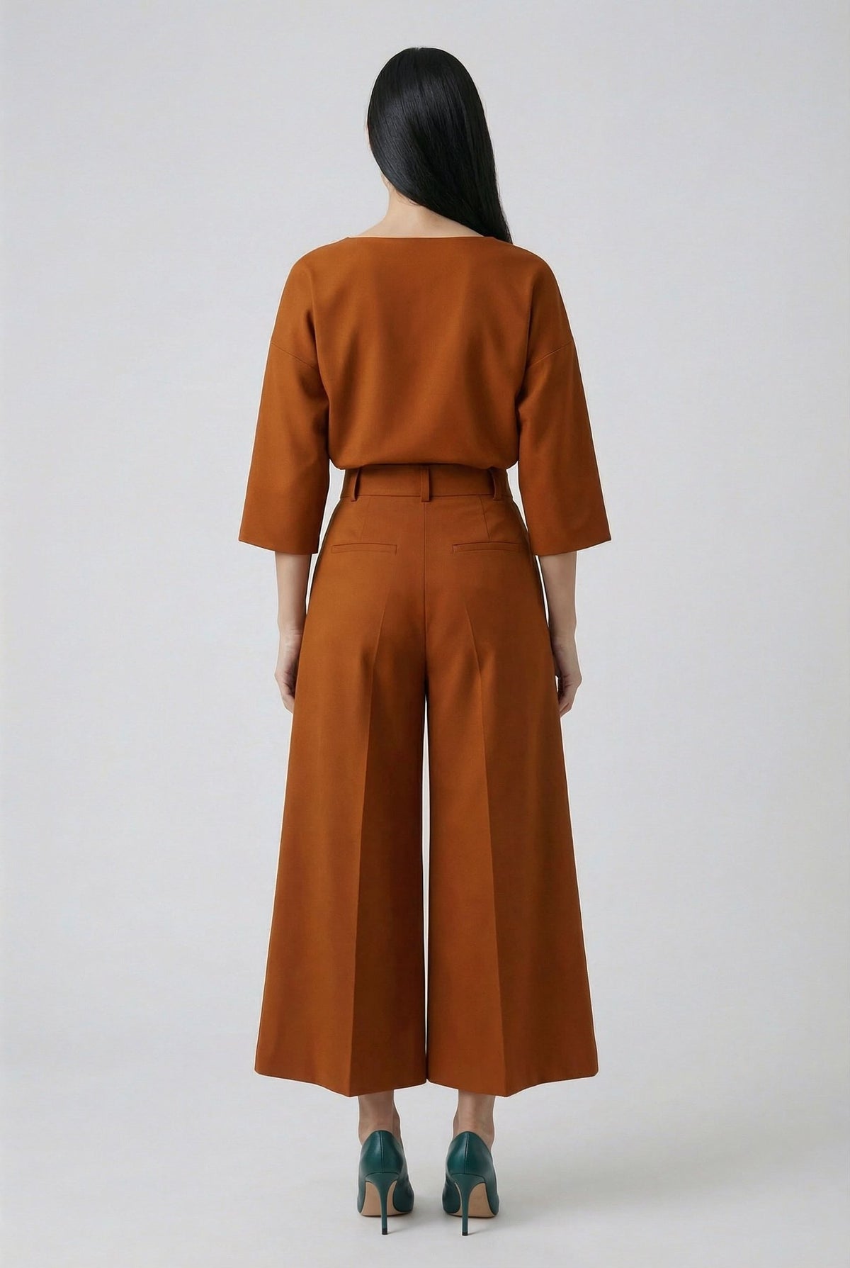 Jasmine rust-orange top and wide-leg culotte trousers, back view