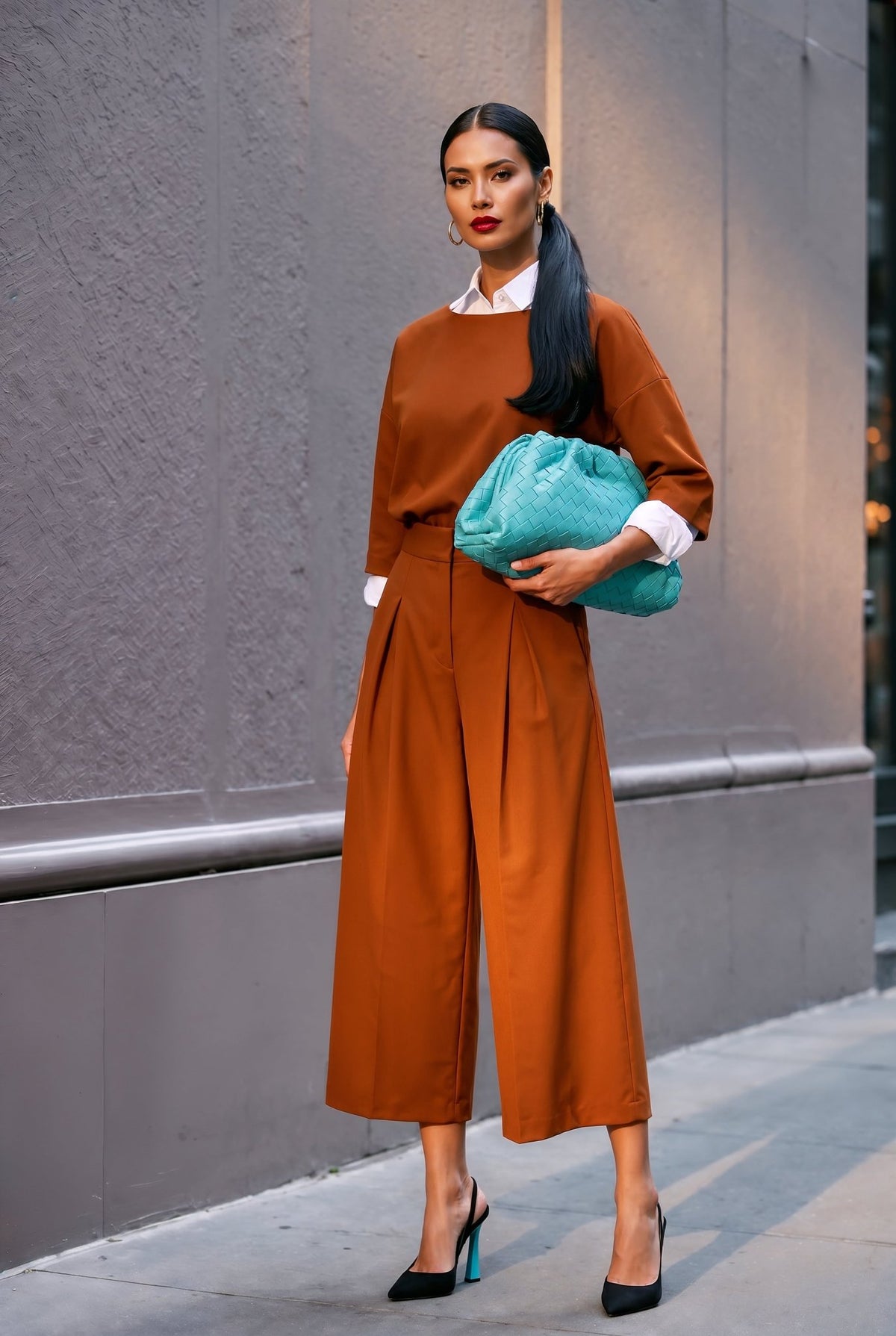 Jasmine rust-orange jersey culotte set, front view