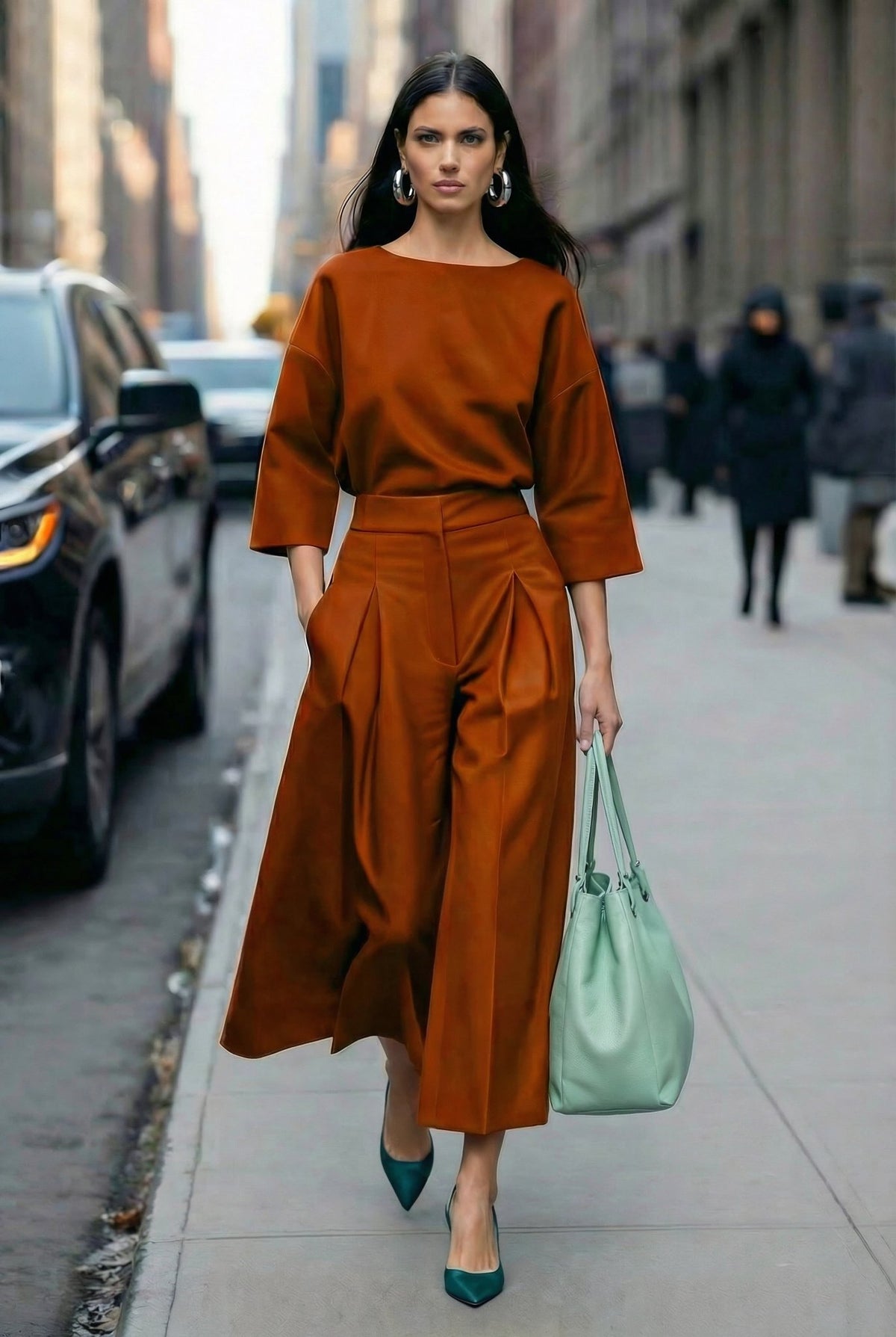Jasmine rust-orange two-piece set with wide culotte trousers, walking view