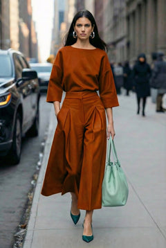 Jasmine rust-orange two-piece set with wide culotte trousers, walking view