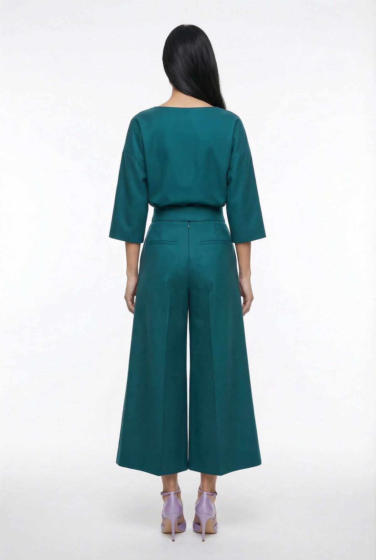 Jasmine teal top and wide-leg culotte trousers, back view