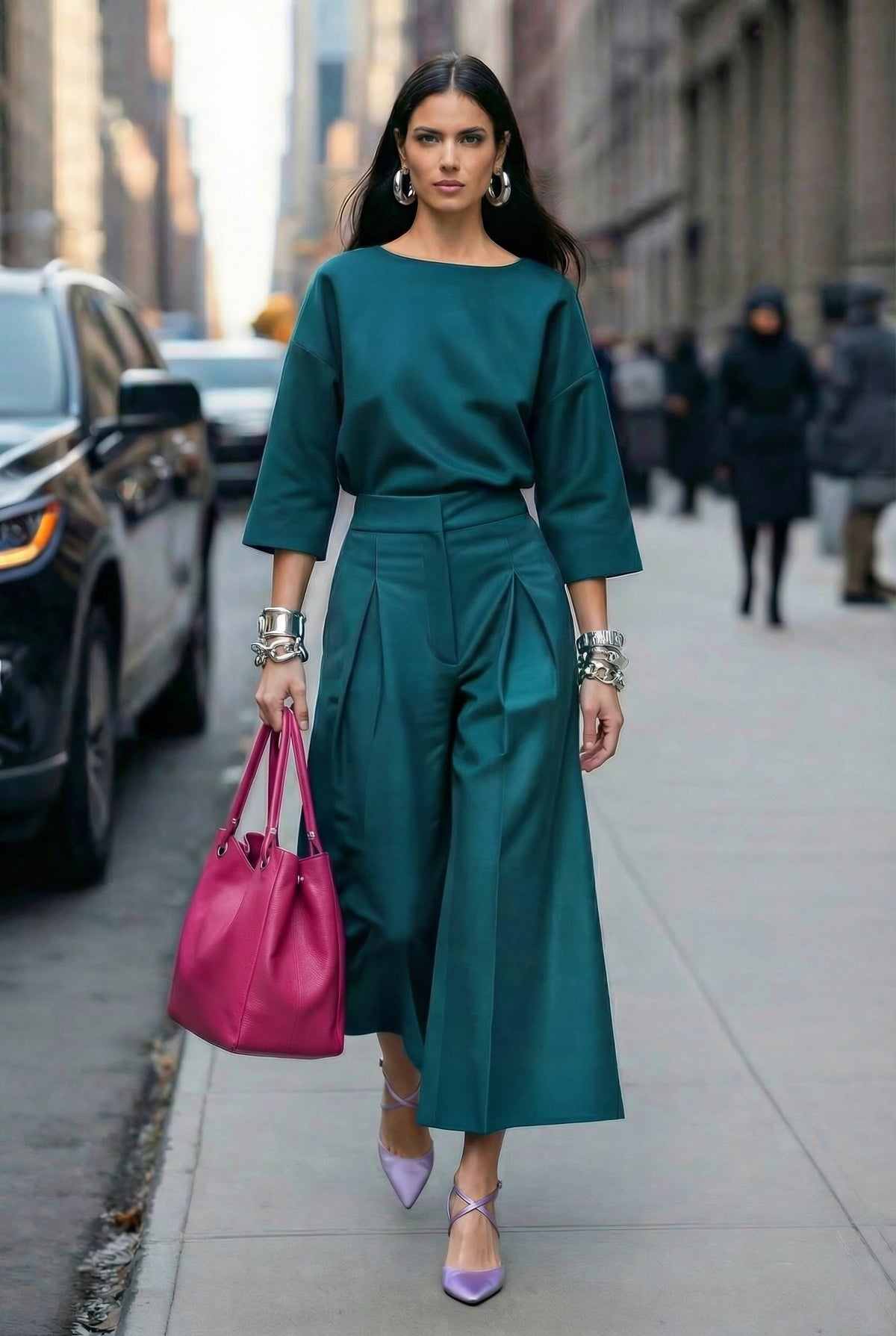 Jasmine teal two-piece set with wide-leg culotte trousers, street view